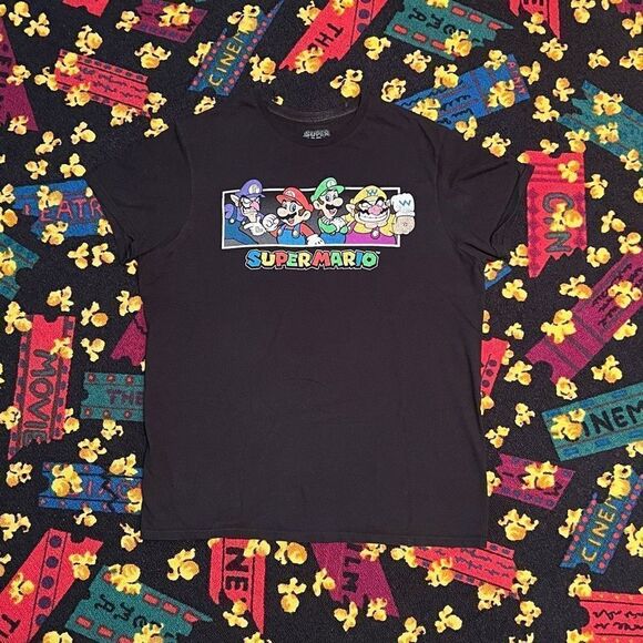 ’21 Super Mario Characters Collage Black Graphic Tee Shirt / Size M - Picture 1 of 4
